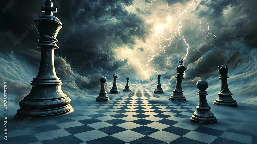 Surreal chess scene with dramatic clouds and lightning, showcasing large pieces on checkered board under stormy sky. Surreal chess scene with dramatic clouds and lightning, showcasing large pieces on checkered board under stormy sky.