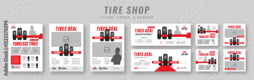 Tire shop flyer and banner bundle | Car service promotion catalog | Auto repair advertising template | Social media post and tire sales marketing design