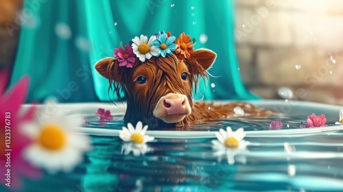 An adorable calf floats gracefully in a refreshing pond adorned with colorful flowers, capturing the essence of tranquility and joy in nature's embrace.