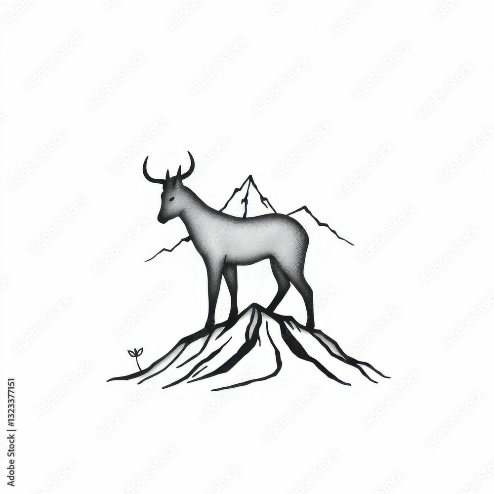 Obraz premium Majestic Silhouette: An illustration of a stag perched atop a mountainous peak, with its imposing silhouette against a rugged landscape, embodies strength and wild spirit.