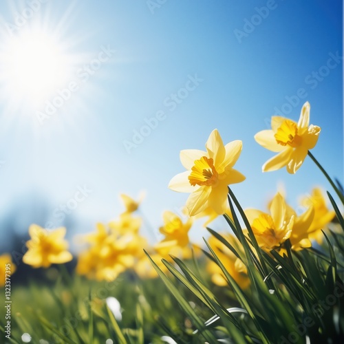 Bright yellow daffodils bloom under a clear blue sky in a sunlit garden during springtime