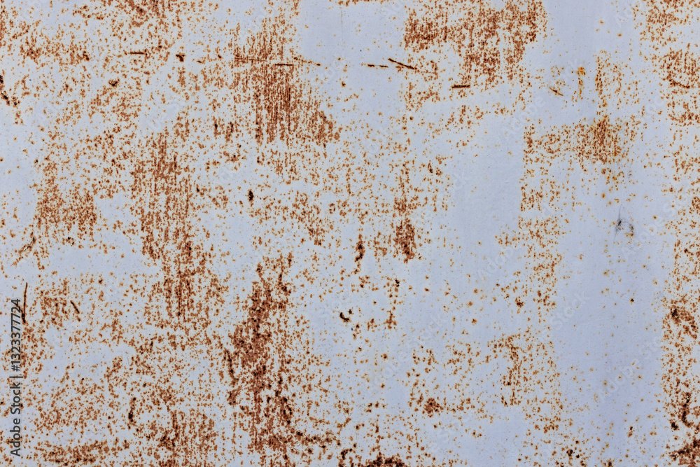 Texture of a gray weathered metal surface displaying rusty brown spots