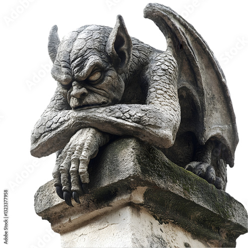 A menacing stone gargoyle with intricate details, perched on a pedestal, exuding an ominous and watchful demeanor against a white background.