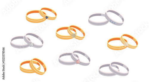 Set of Two Gold and Silver Rings. Rings for Engagement, Wedding or Valentine's Day. Give a gift for lovers. Vector isolated icons