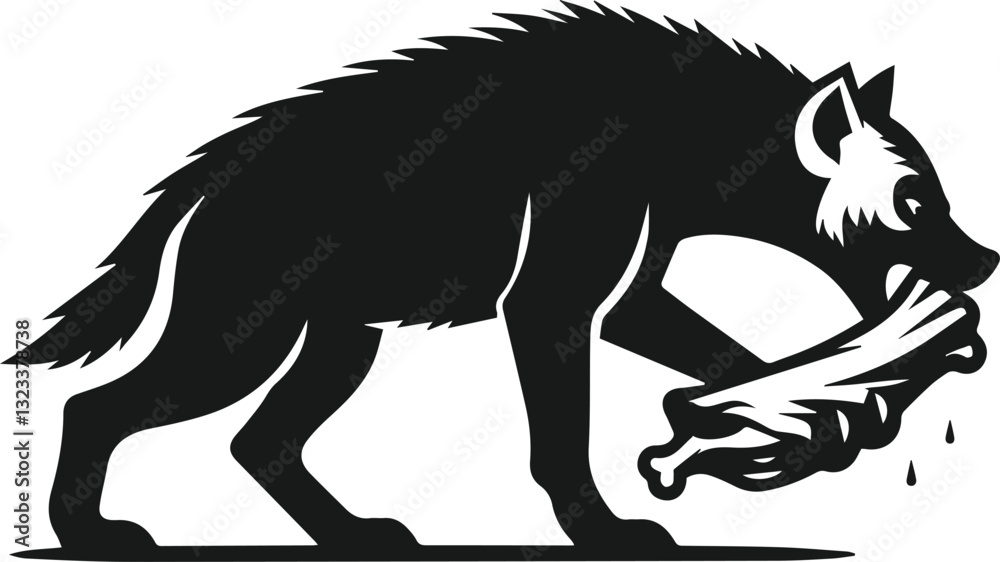 Obraz premium A hyena biting onto a piece of meat and tugging open vector