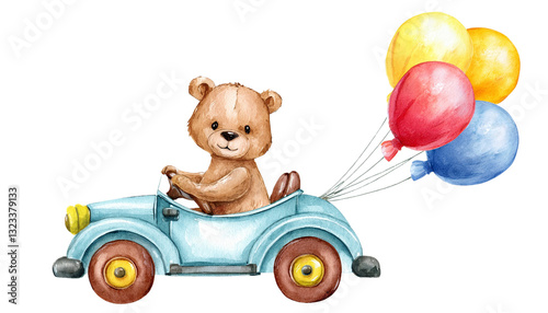 water colour teddy bear driving a vintage car isolated on transparent background png.