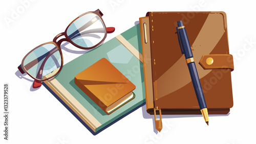 Leather notebook, pen and glasses placed on a white background.