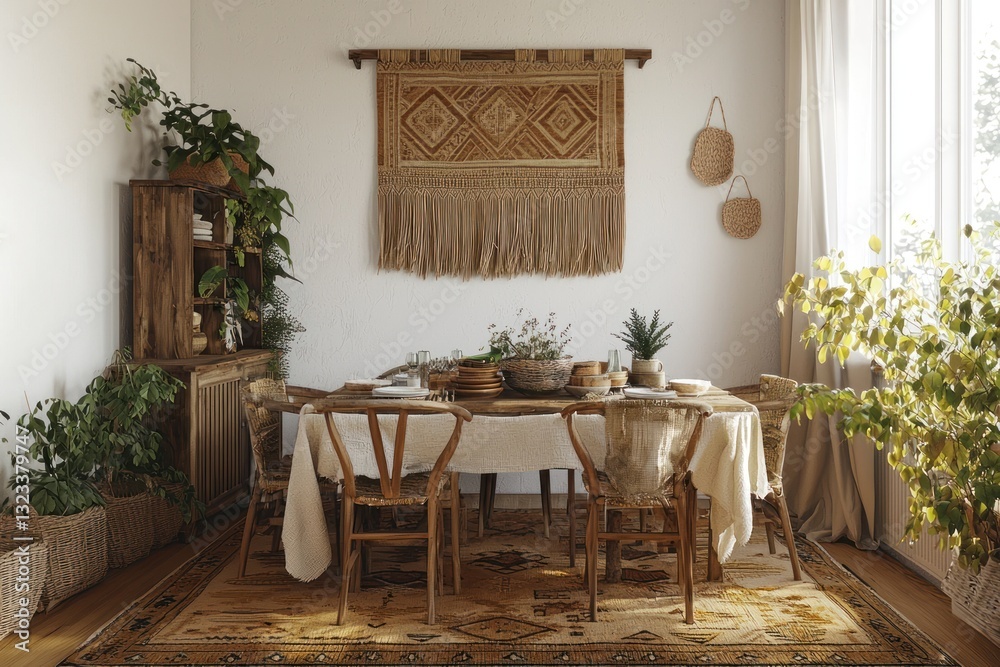 Boho-inspired dining room with natural accents and textiles.
