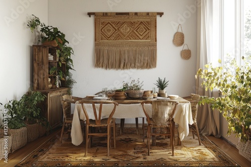 Obraz na płótnie Boho-inspired dining room with natural accents and textiles. w salonie