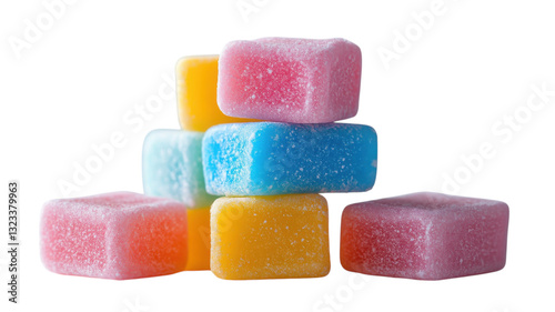 Colorful gummy candies stacked playfully in a delightful arrangement on a bright background