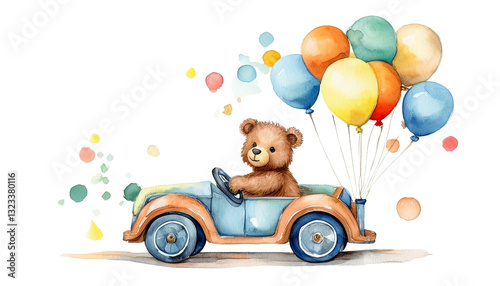 water colour teddy bear driving a vintage car with balloons isolated on transparent background