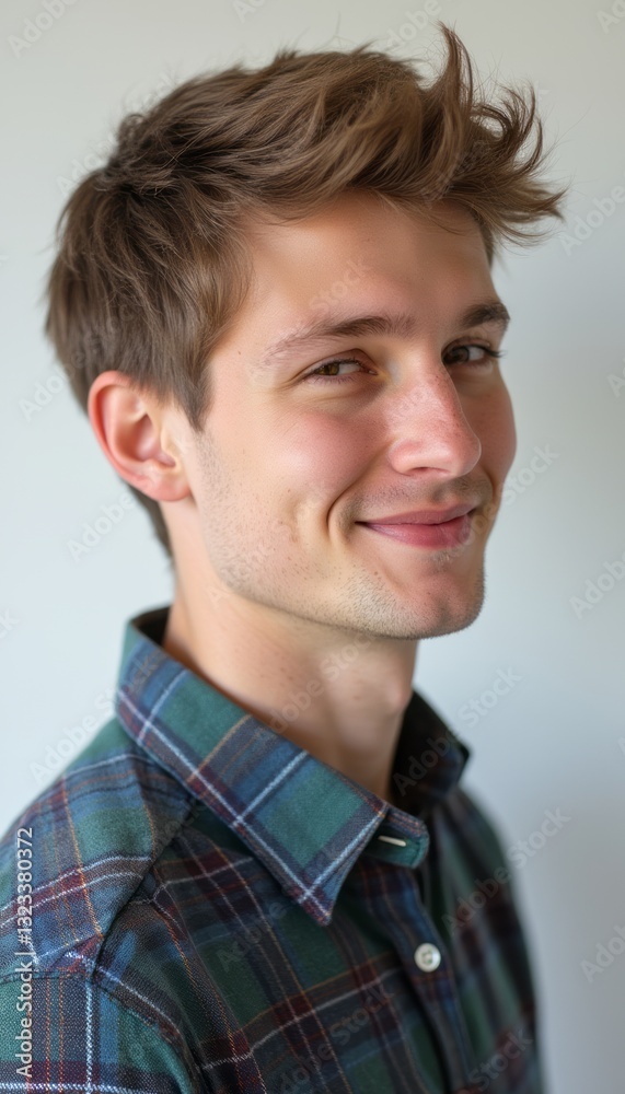 A cheerful young man with tousled hair and a charming smile poses against a soft, neutral background. His plaid shirt adds a touch of casual style, radiating warmth and approachability. A cheerful young man with tousled hair and a charming smile poses against a soft, neutral background. His plaid shirt adds a touch of casual style, radiating warmth and approachability.