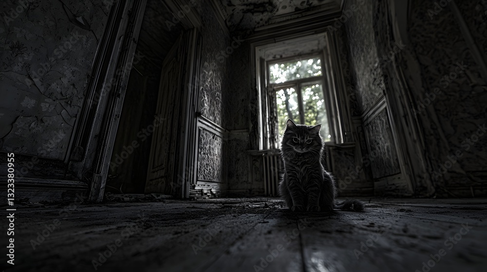 Solitary Black Cat in an Abandoned Room with Sunlight Streaming Through the Window Solitary Black Cat in an Abandoned Room with Sunlight Streaming Through the Window
