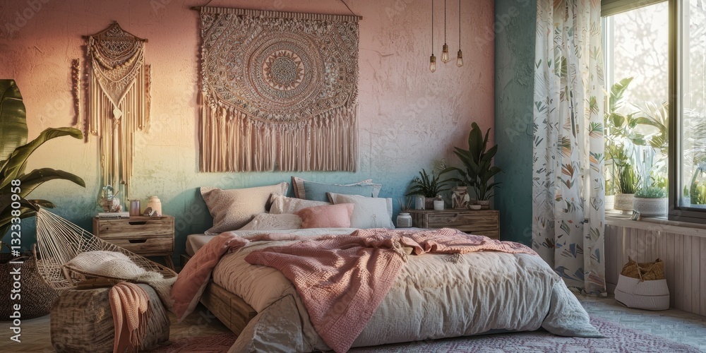 Boho-inspired bedroom with soft textures and gradient frame.