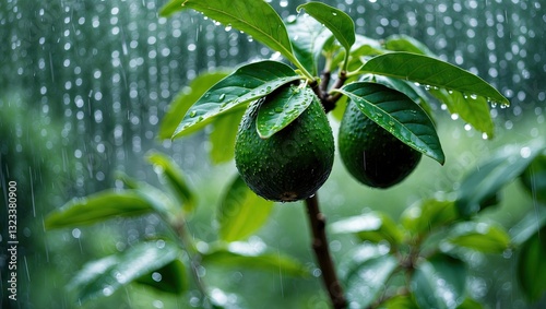Fresh green avocado leaves glistening with raindrops close-up through a blurred rainy window background creating a serene nature scene.