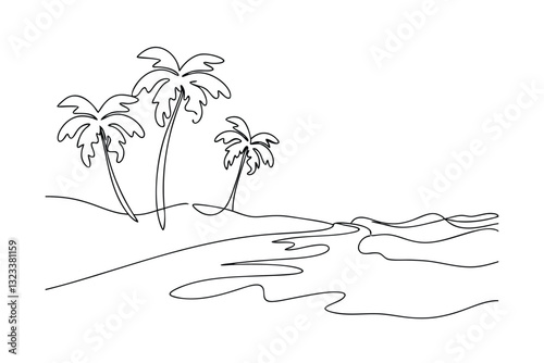 Tropical Beach Scene Minimalist Line Art Palm Trees Ocean Shore