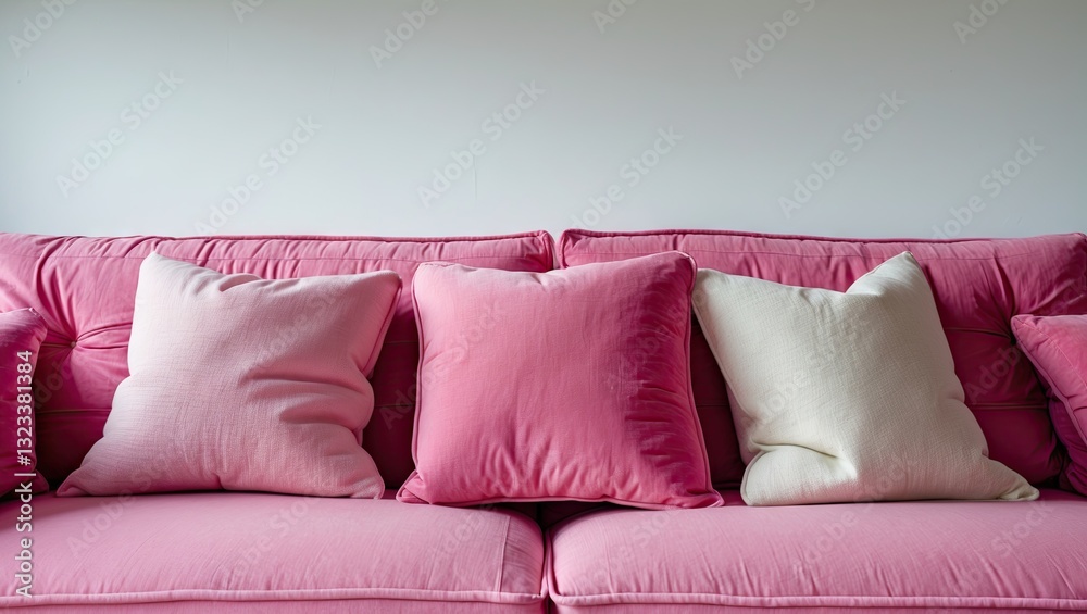 Pink sofa with various cushions including white ones arranged neatly against a bright white background creating a cozy and inviting atmosphere. Pink sofa with various cushions including white ones arranged neatly against a bright white background creating a cozy and inviting atmosphere.