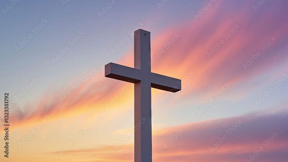 White Christian cross silhouetted against a vibrant sunset sky featuring orange and purple hues creating a peaceful and inspirational backdrop. White Christian cross silhouetted against a vibrant sunset sky featuring orange and purple hues creating a peaceful and inspirational backdrop.
