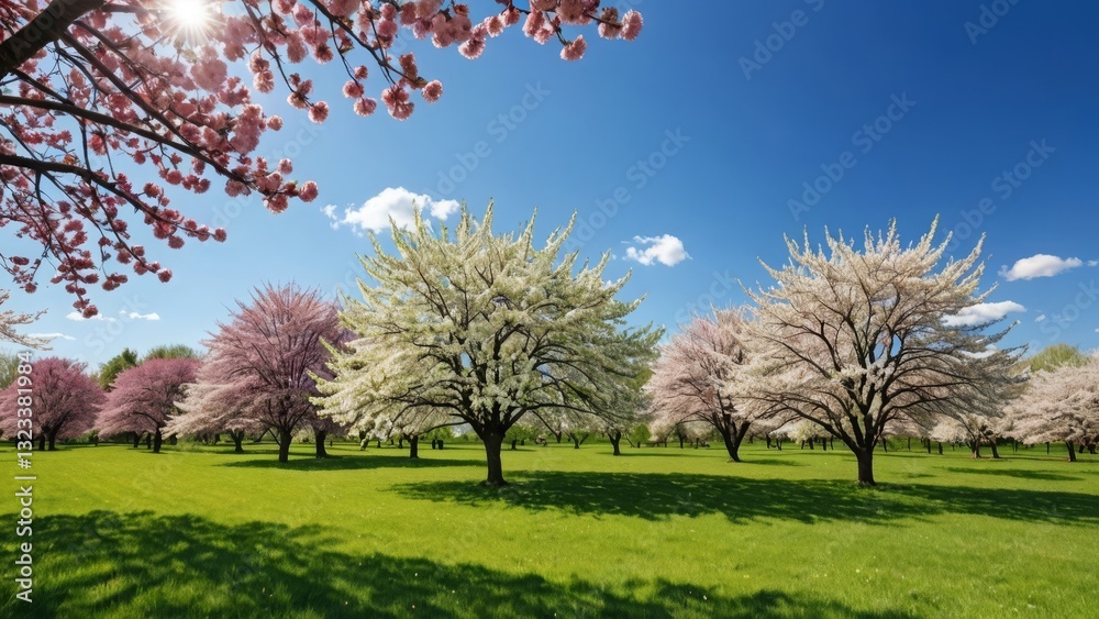A vibrant spring park with trees in full bloom under a bright blue sky A vibrant spring park with trees in full bloom under a bright blue sky