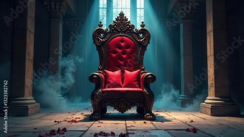 A Majestic Ornate Throne Awaits in a Hall of Ancient Pillars and Soft Smoke, Bathed in the Light of a Distant Window