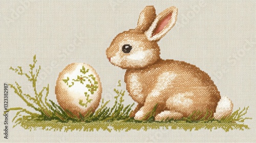 Hand-sewn Easter bunny. Minimalist style, combining traditional embroidery with modern design, suitable for various scenes such as holiday celebrations, home decoration and cultural creativity.