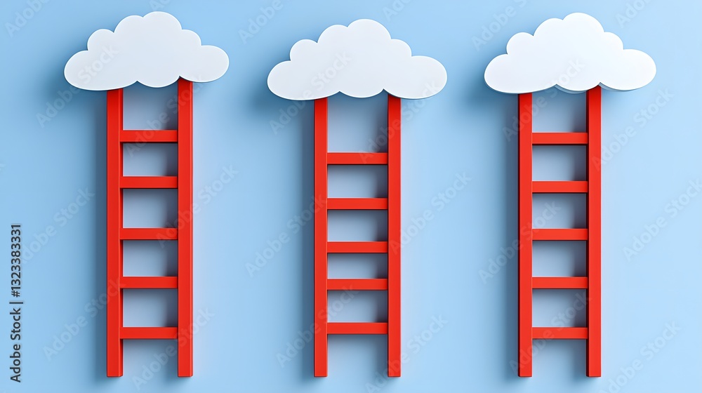 Three Red Ladders Ascending Towards White Clouds Against a Blue Background Three Red Ladders Ascending Towards White Clouds Against a Blue Background
