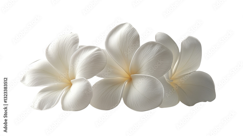 Fototapeta premium Delicate white plumeria blossoms arranged beautifully on a soft background