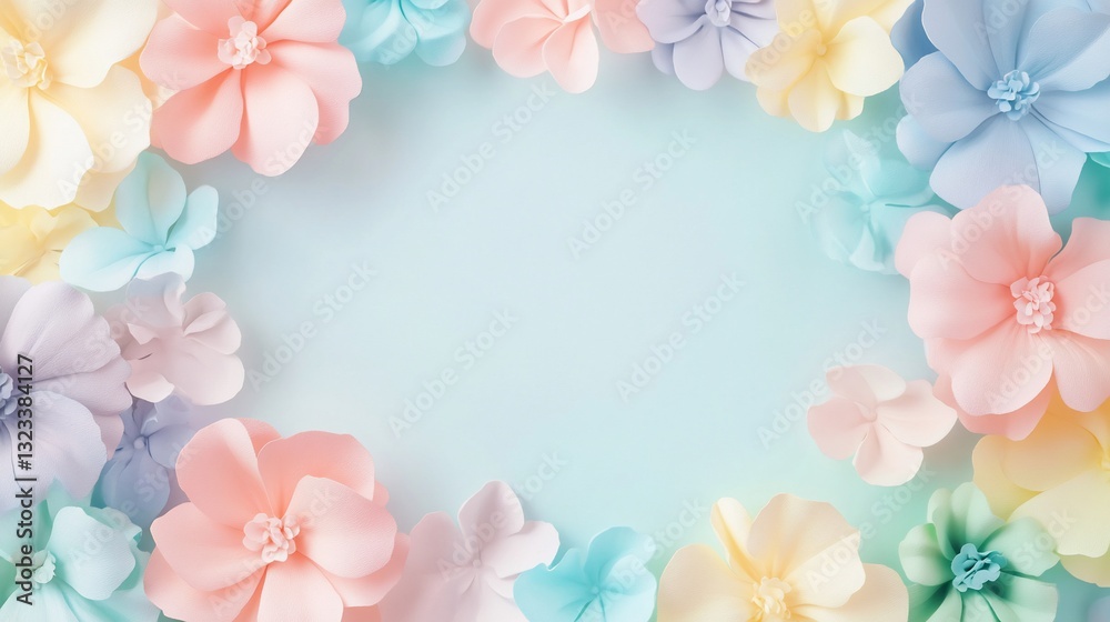 Pastel paper flowers frame on light blue background. Pastel paper flowers frame on light blue background.
