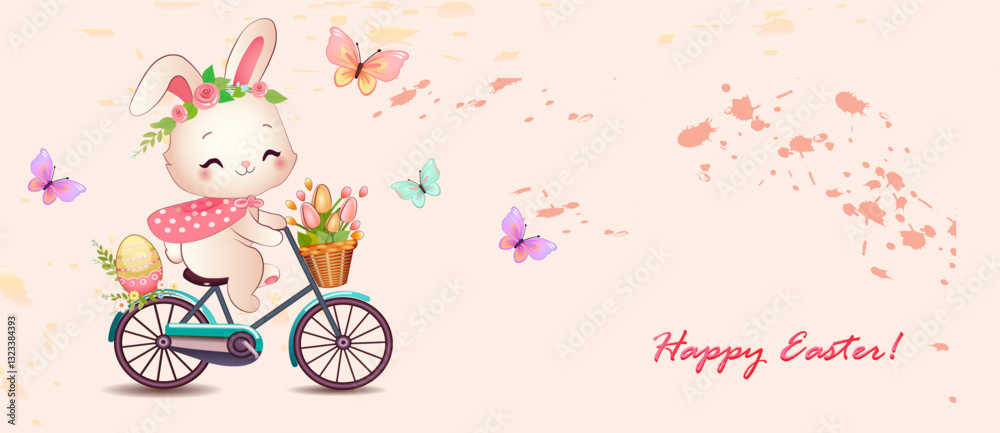 Cute Easter bunny on a bicycle. Banner design template -Happy Easter Cute Easter bunny on a bicycle. Banner design template -Happy Easter