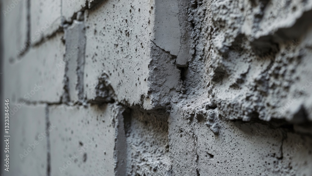 Detailed close-up of a textured rough cement masonry wall showcasing various shades of gray with uneven surfaces and joint patterns prominently displayed.