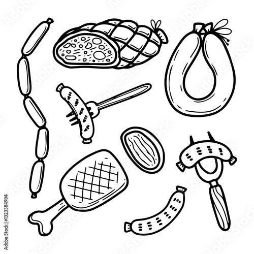 Meat products set. Hand drawn doodle. Sausages, salami, boiled pork. Barbecue grill. Protein fatty food from pork, beef. Tasty weekend. Vector line art illustration.