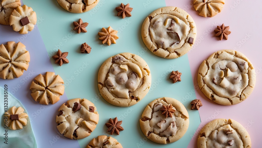 Cookies arranged artistically on a pastel pink and mint green background with star anise accents creating a visually pleasing composition. Cookies arranged artistically on a pastel pink and mint green background with star anise accents creating a visually pleasing composition.