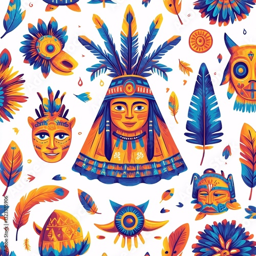 Seamless pattern of red indian tribe art vibrant colors cultural design whimsical environment