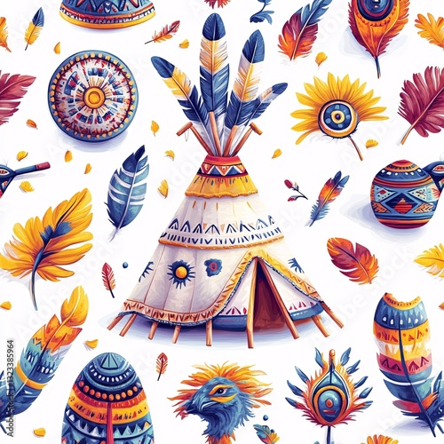 Seamless pattern of red indian tribe art vibrant environment cultural elements creative design