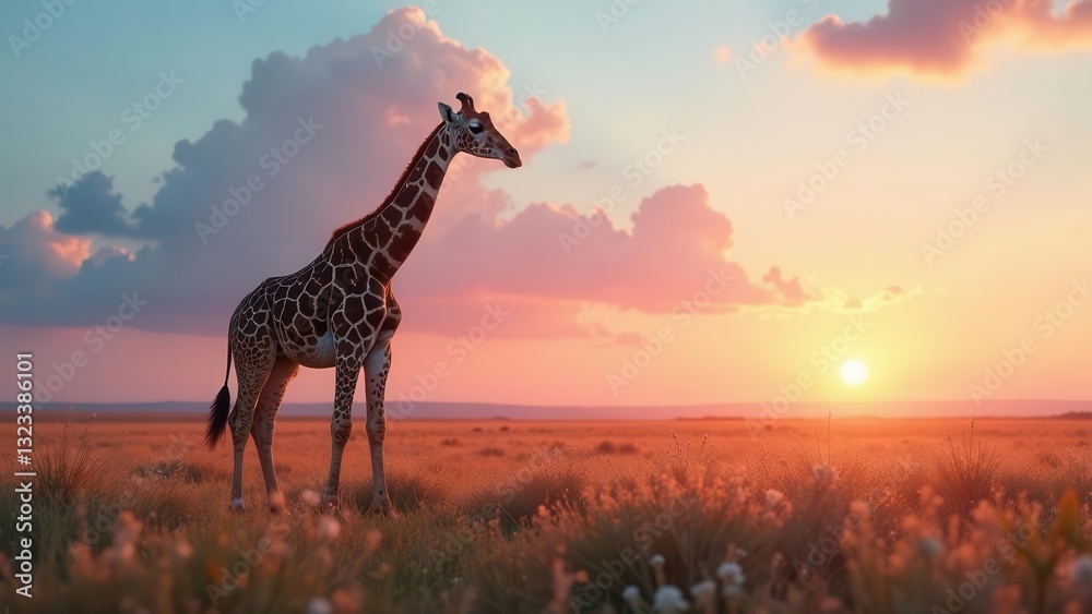 Obraz premium A lone giraffe silhouetted against a vibrant sunset, standing tall in a field of wildflowers, a majestic scene of African wildlife at dusk.