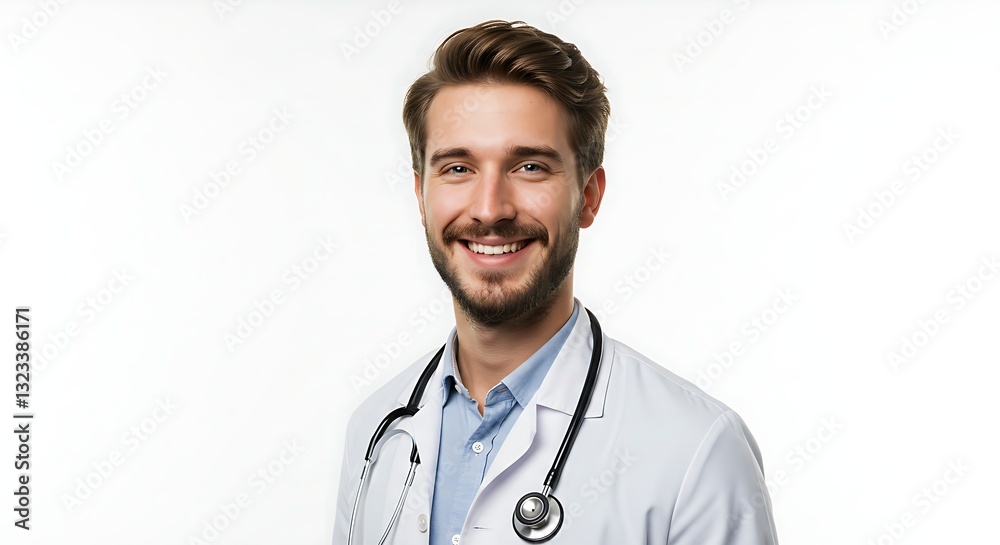 A doctor wearing a white coat and stethoscope, smiling confidently, white background A doctor wearing a white coat and stethoscope, smiling confidently, white background