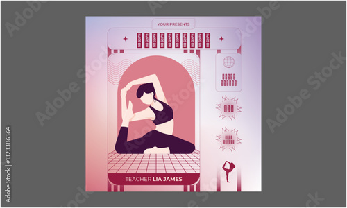 Yoga Class Socials Media. Yoga classes. Girl sitting in lotus position. Advertising flyer, poster template.
