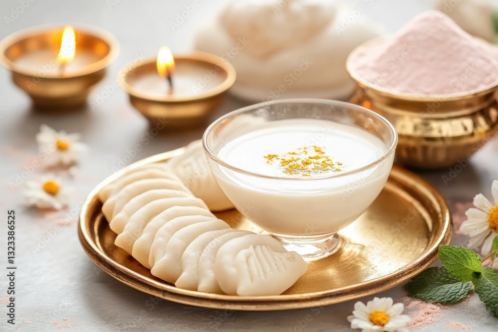 Gujia Served on a Golden Platter With Mint Lassi and Traditional Holi Items Creating a Vibrant Festival Atmosphere Gujia Served on a Golden Platter With Mint Lassi and Traditional Holi Items Creating a Vibrant Festival Atmosphere