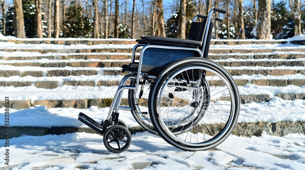 Fototapeta premium Wheelchair on Snow-Covered Steps in Winter Landscape Surrounded by Trees and Nature