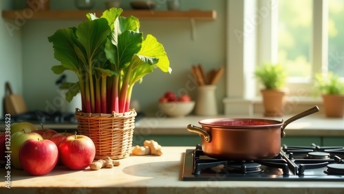 Sunlit Kitchen Counter with Rhubarb, Apples, and Ginger, Ready for Cooking