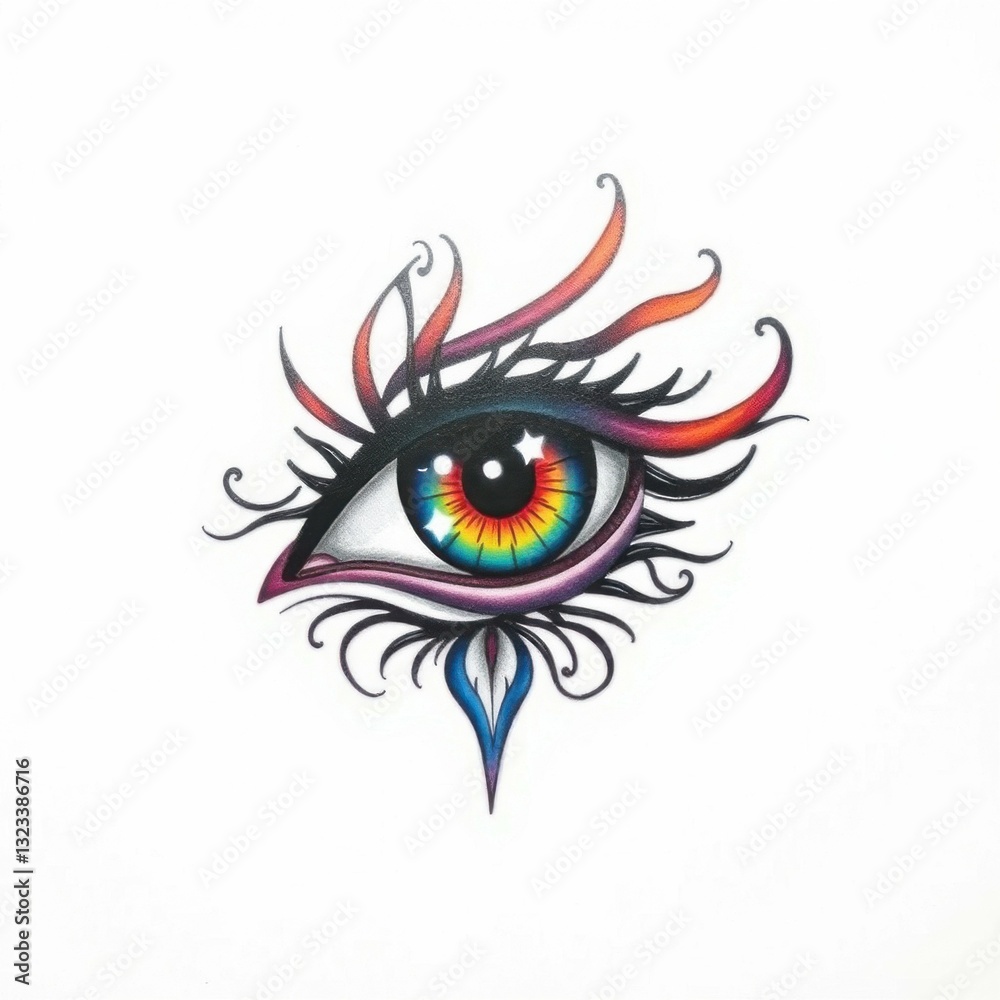 Naklejka premium Enchanting Eye: A mesmerizing eye illustration, bursting with a spectrum of vibrant colors, is embellished with intricate, flowing patterns that evoke a sense of mystique and fantasy.