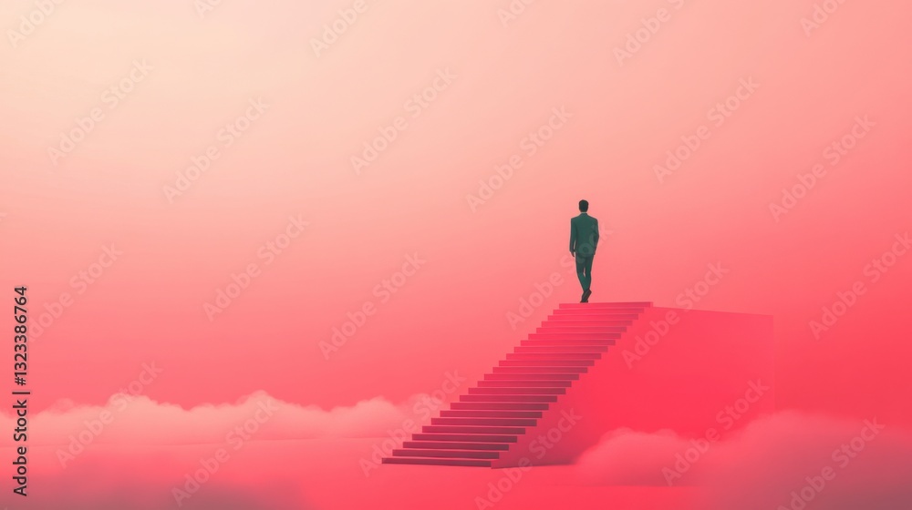 custom made wallpaper toronto digitalAbstract Concept of Solitude and Reflection with a Mysterious Figure Walking Up the Stairs in a Dreamlike Pink Environment Surrounded by Clouds