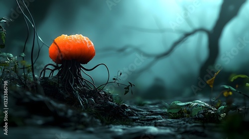 Glowing Otherworldly Mushroom in Mysterious Moody Forest Luminous bio luminescent vegetation thrumming with digital intelligence blurring the lines between nature and technology photo