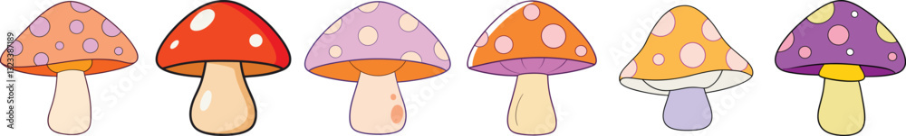 Colorful Cartoon Mushrooms Set with Polka Dots Colorful Cartoon Mushrooms Set with Polka Dots