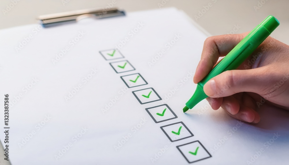 Checklist Concept Hand marking green checks on a checklist for task completion. Checklist Concept Hand marking green checks on a checklist for task completion.