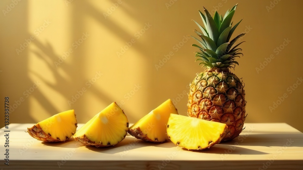 Sunlit Pineapple Slices and Whole Fruit on Wooden Surface, Still Life Composition Featuring Tropical Fruit in Warm Golden Light Sunlit Pineapple Slices and Whole Fruit on Wooden Surface, Still Life Composition Featuring Tropical Fruit in Warm Golden Light
