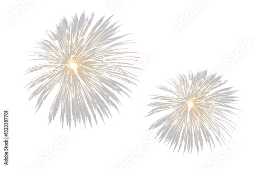 Photo of white and golden real fireworks texture overlay, isolated on transparent background, festive celebration, holiday, christmas, wedding png cut out