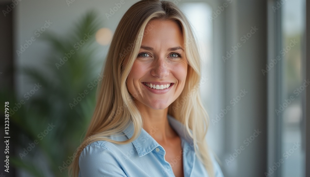 A cheerful woman with long, flowing blonde hair beams with a radiant smile, set against a contemporary backdrop filled with soft natural light. Her blue shirt complements her warm demeanor, creating A cheerful woman with long, flowing blonde hair beams with a radiant smile, set against a contemporary backdrop filled with soft natural light. Her blue shirt complements her warm demeanor, creating