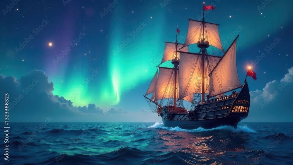 Fototapeta premium A majestic galleon sails under a breathtaking aurora borealis, its sails illuminated by the soft glow of lanterns, navigating the dark ocean under a blanket of stars.
