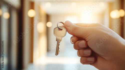 New Beginnings: A hand holds a key, shimmering with a touch of light, against the soft blur of an inviting hallway, the essence of new opportunities and the promise of home.